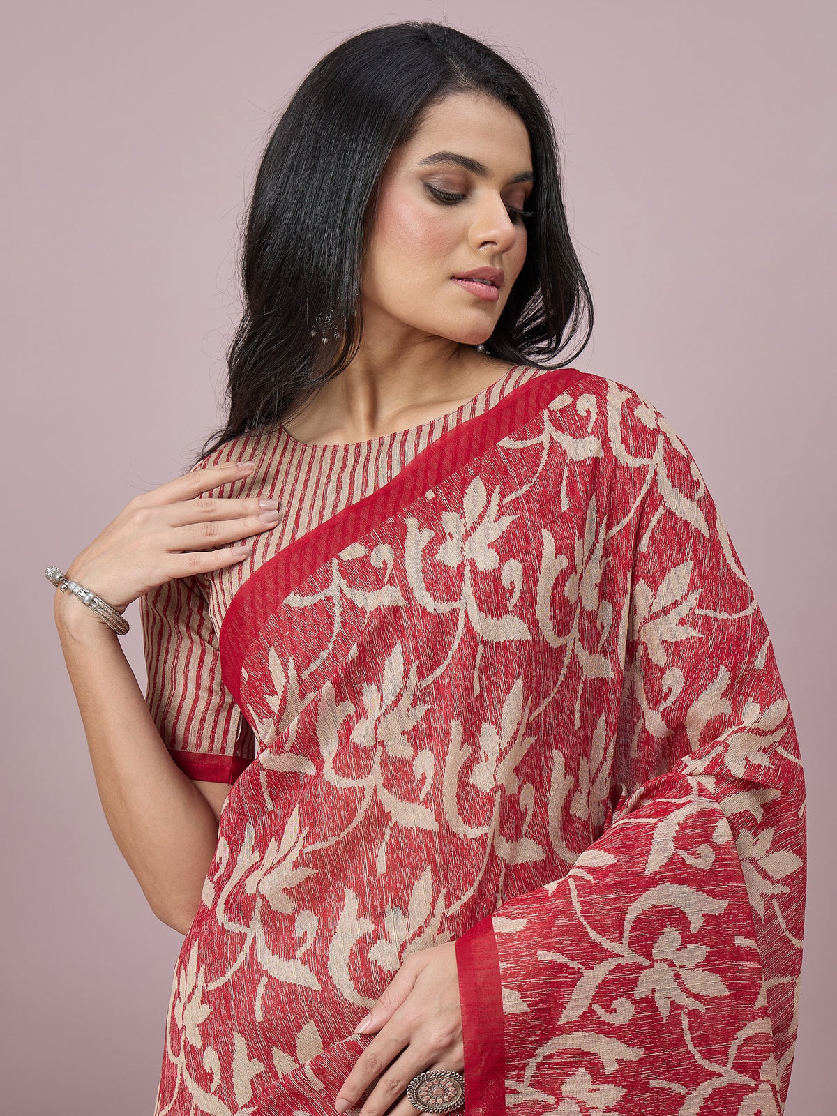 Beige cotton slub saree view 4