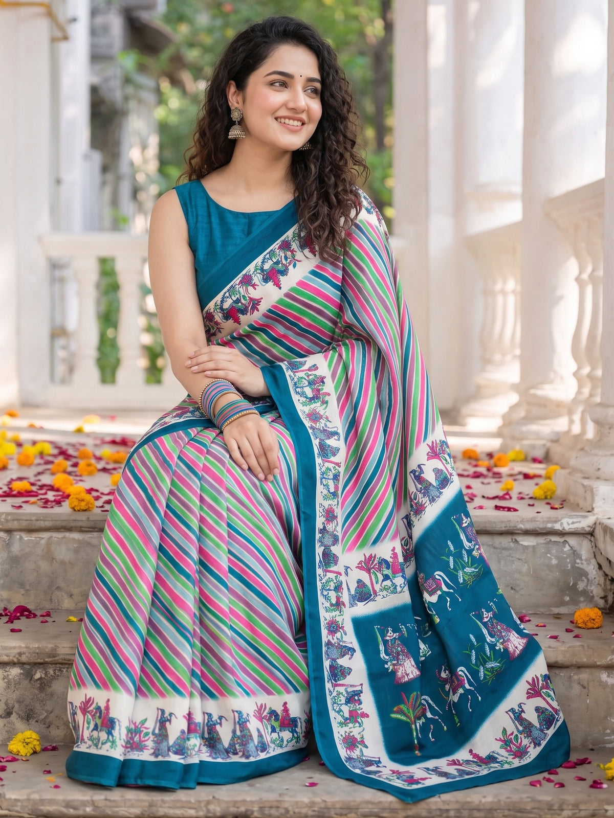 Teal crepe saree view 4