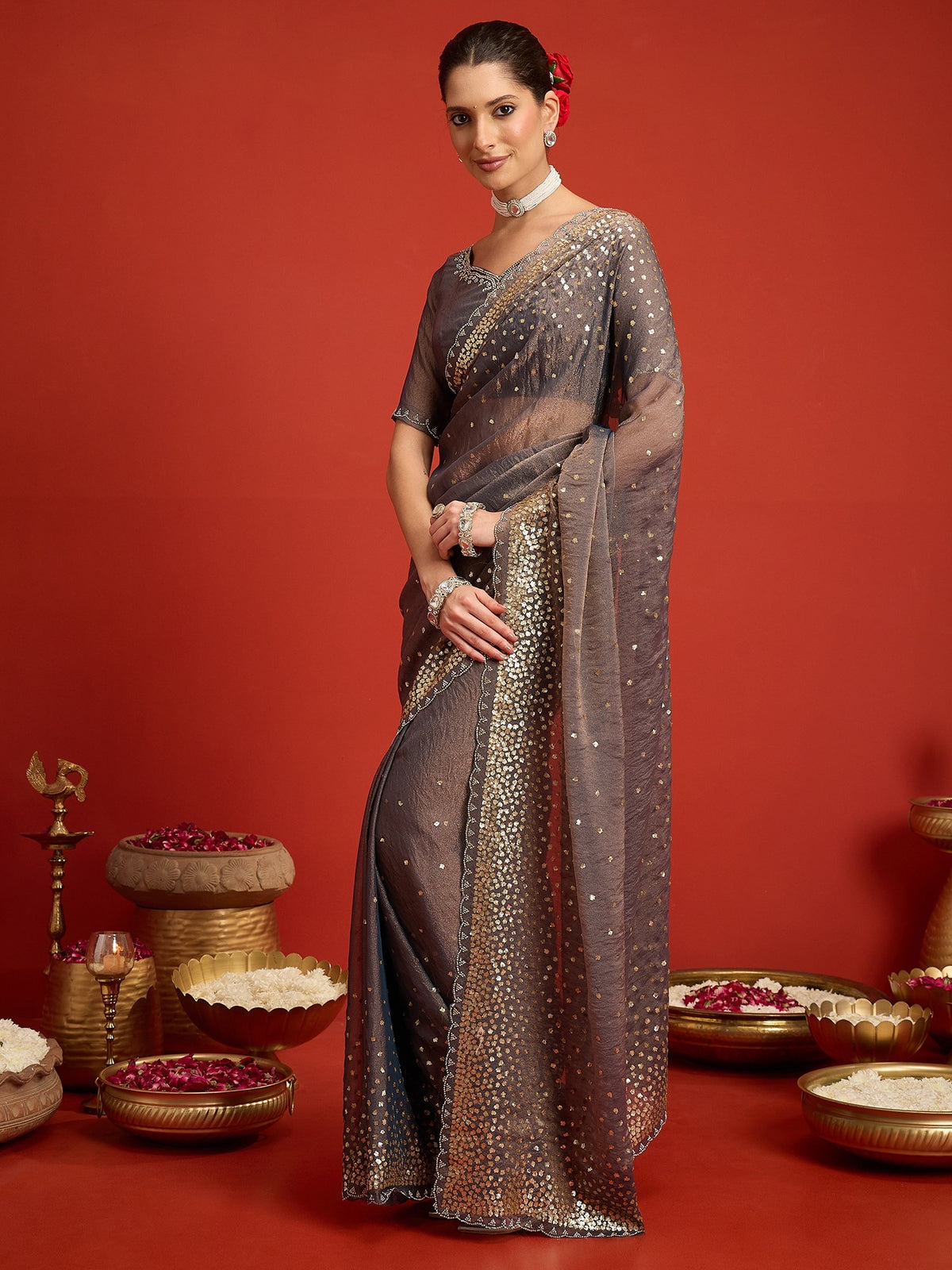 Charcoal Grey Organza saree – detail view 6