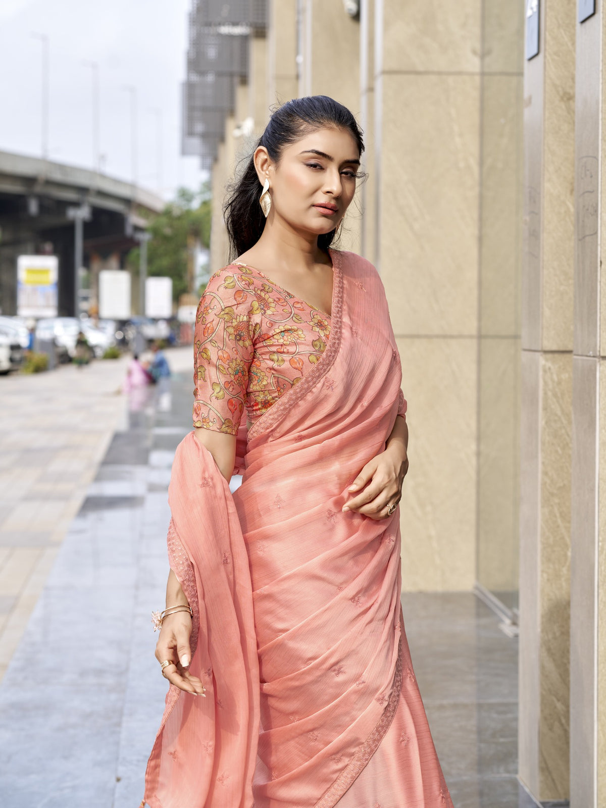 Peach Satin Silk saree – detail view 3
