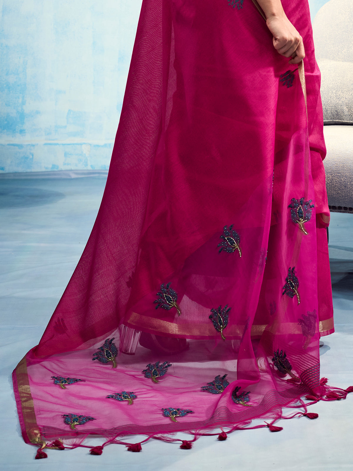 Pink Muga Cotton saree – detail view 5