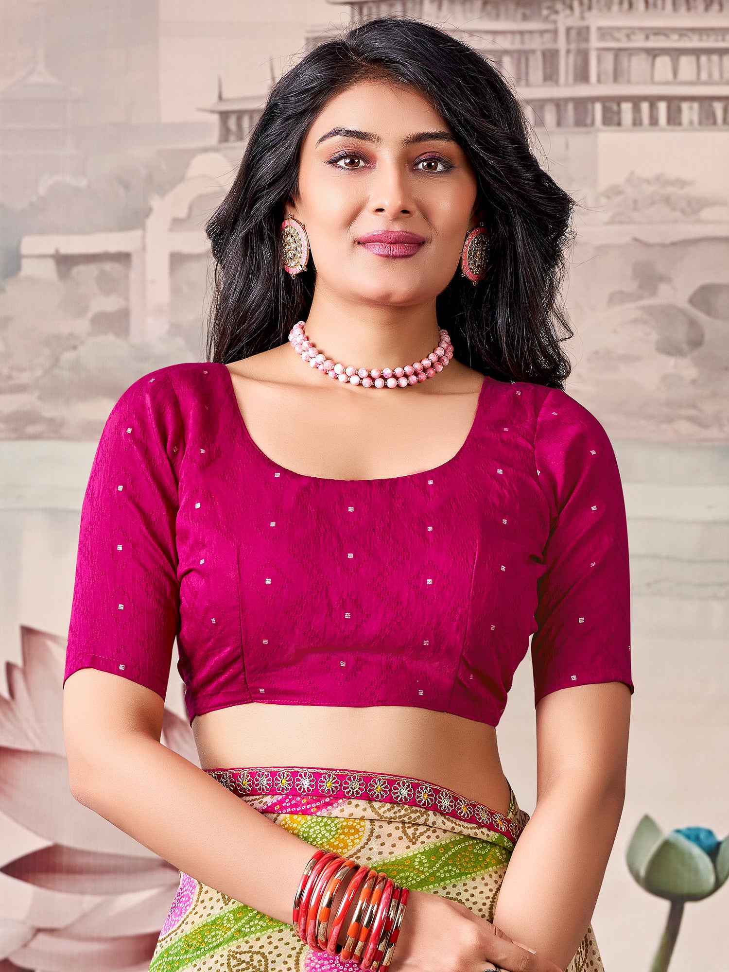 Unstitched pink georgette blouse piece with zari butta design