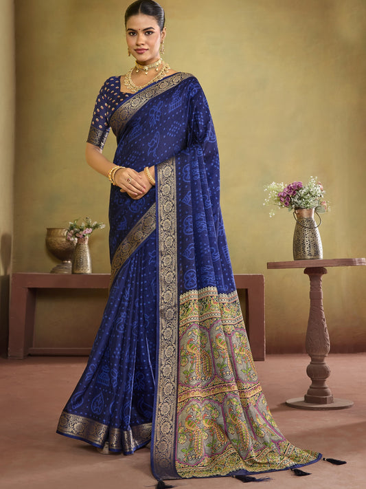 Blue ethnic motif tussar silk saree with blue blouse piece