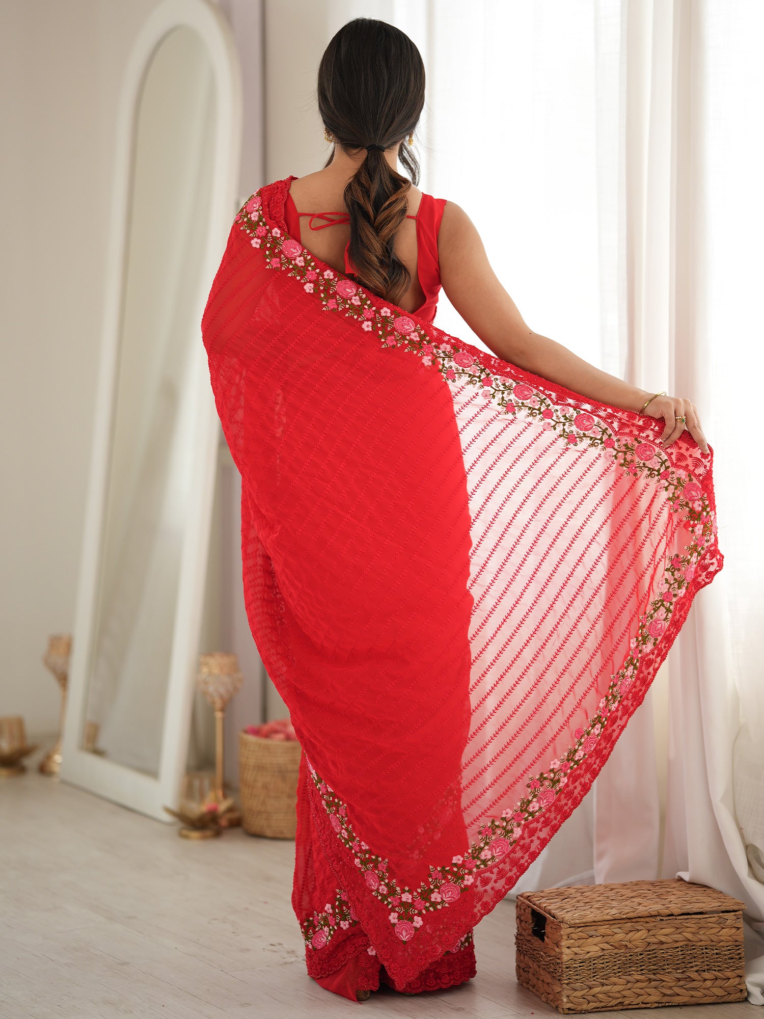 Red Georgette saree – detail view 1