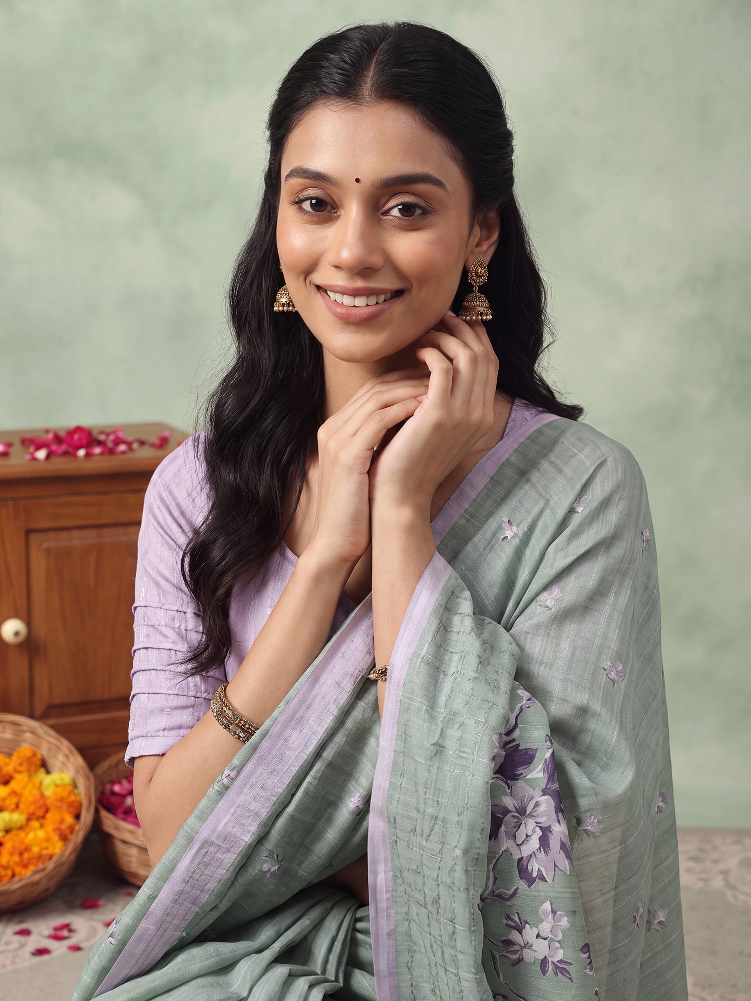 Teal Green Silk Blend saree – detail view 4
