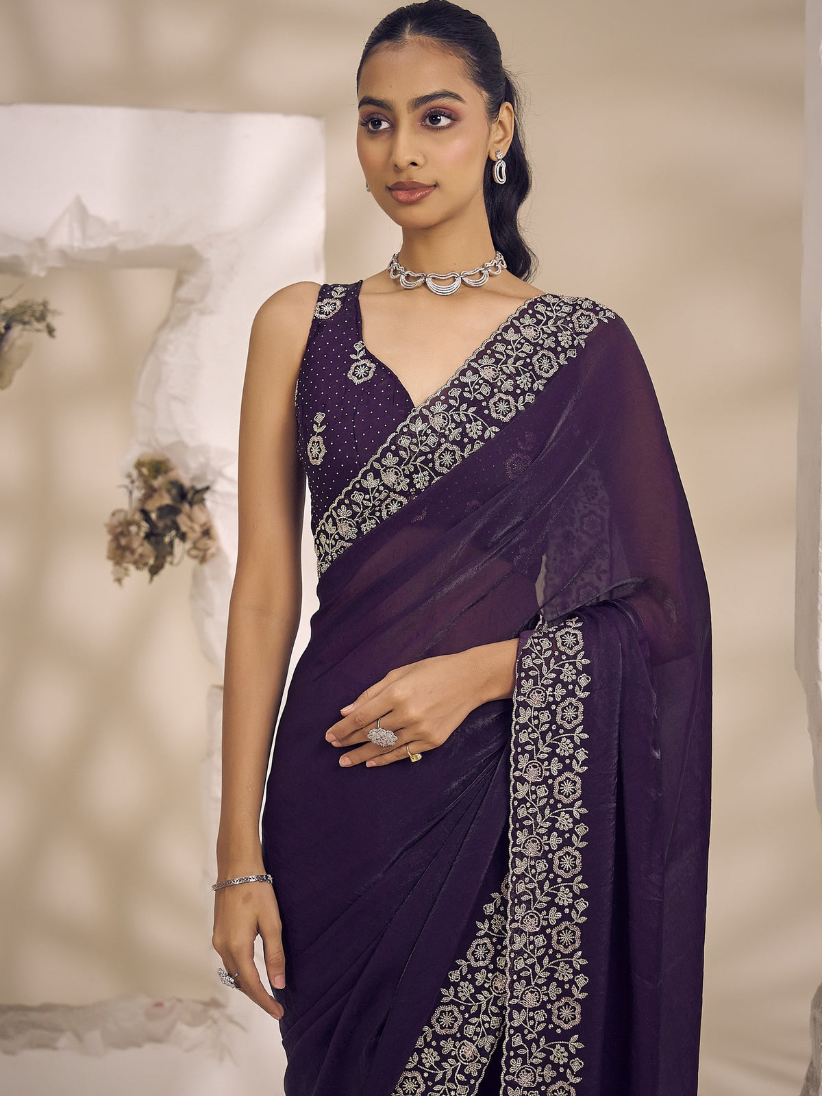 Purple satin silk saree view 6