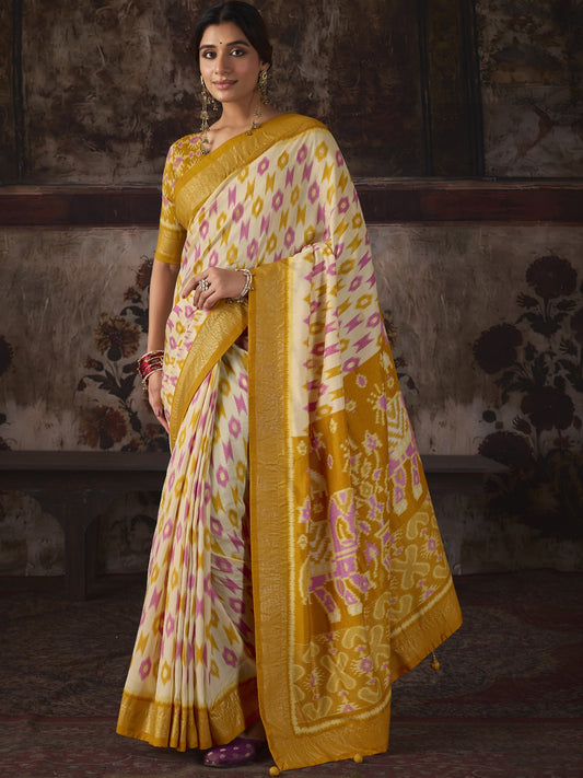 Off White ikat silk blend saree with yellow blouse piece