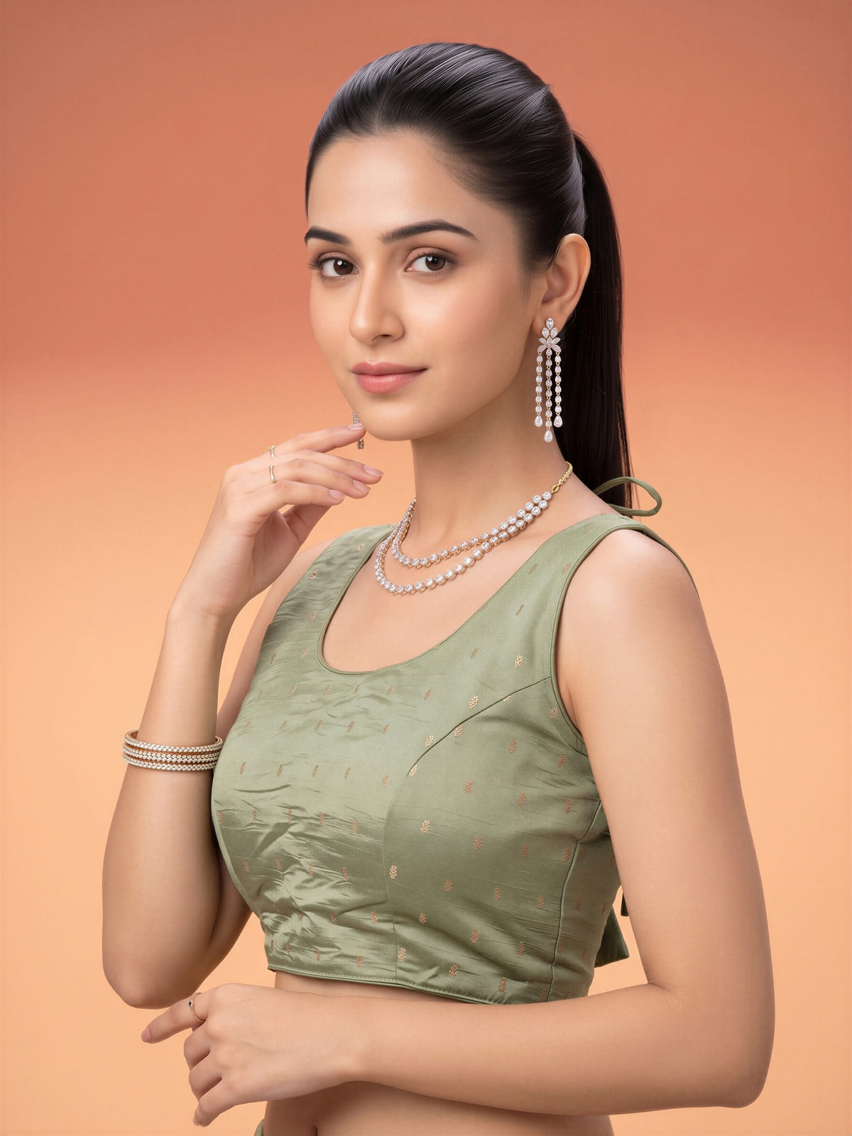 Sea Green sequin embellished silk blend sleeveless readymade saree blouse with round neck view 2