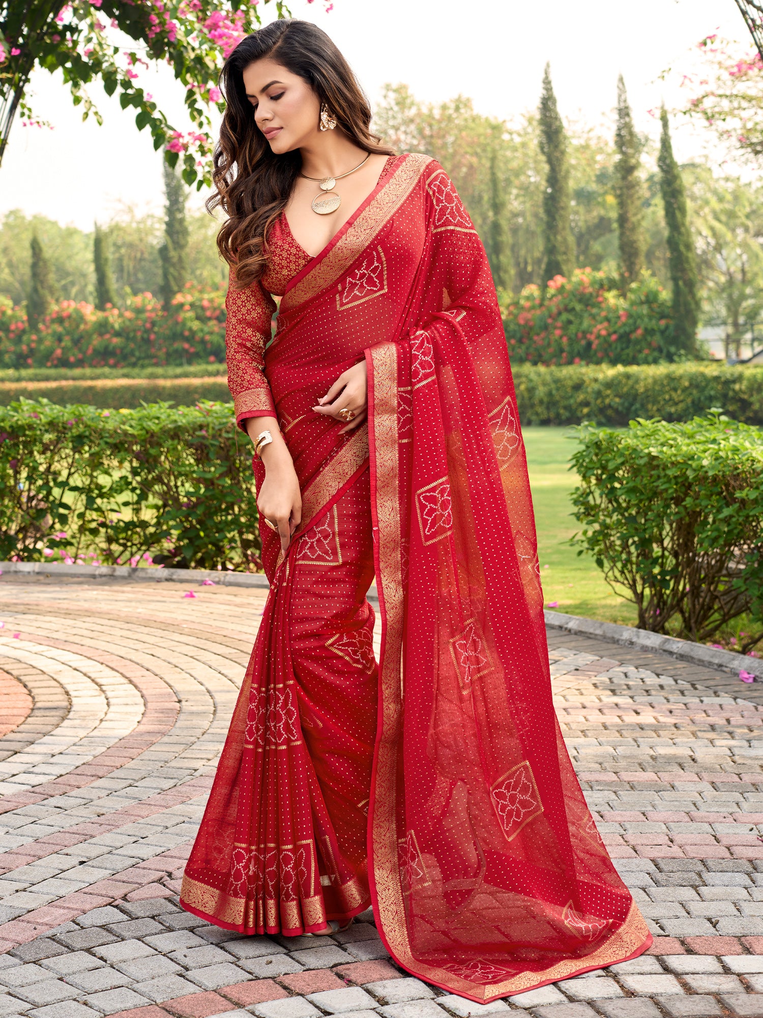 Red Chiffon saree – detail view 2