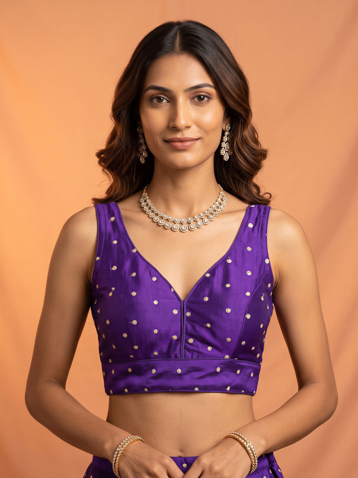 Purple sequin embellished silk blend sleeveless readymade saree blouse with v neck