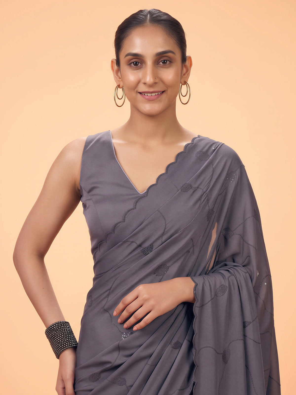 Charcoal Grey Satin Silk saree – detail view 4