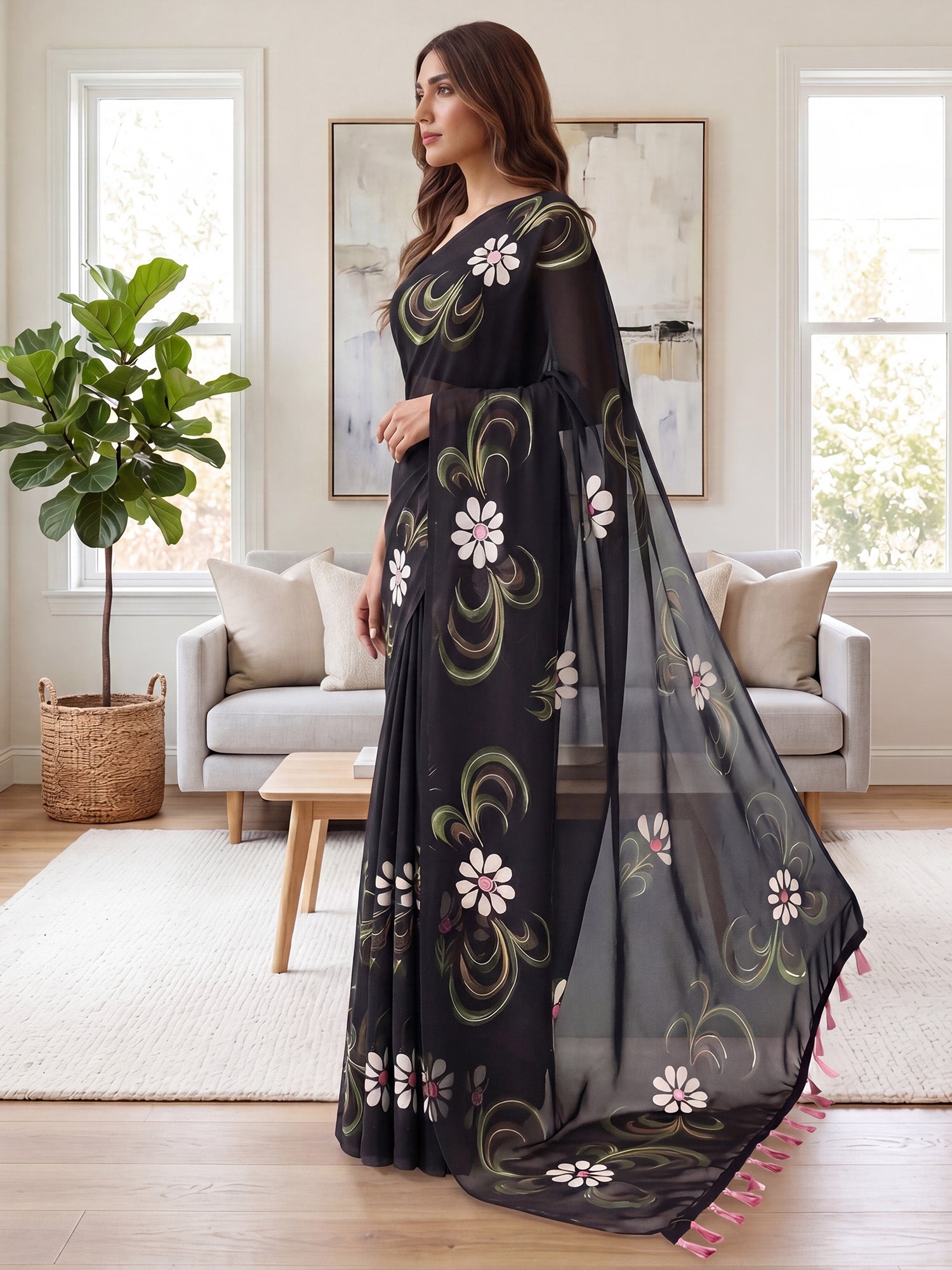Black Georgette saree – detail view 3
