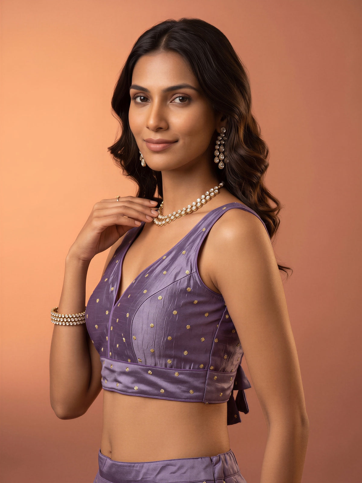Mauve sequin embellished silk blend sleeveless readymade saree blouse with v neck view 2