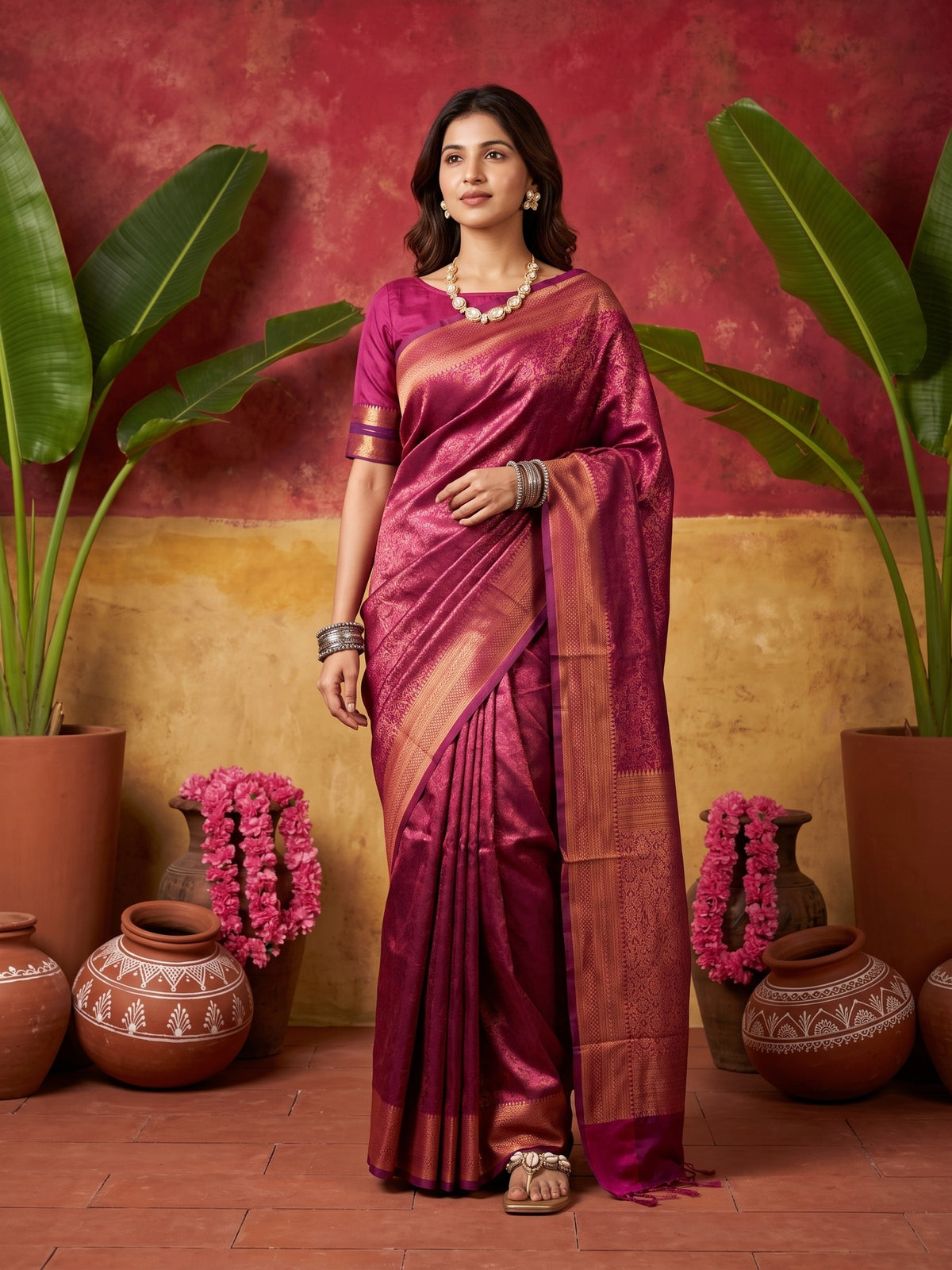 Woman wearing wine silk blend saree with traditional indian motif work and wine blouse