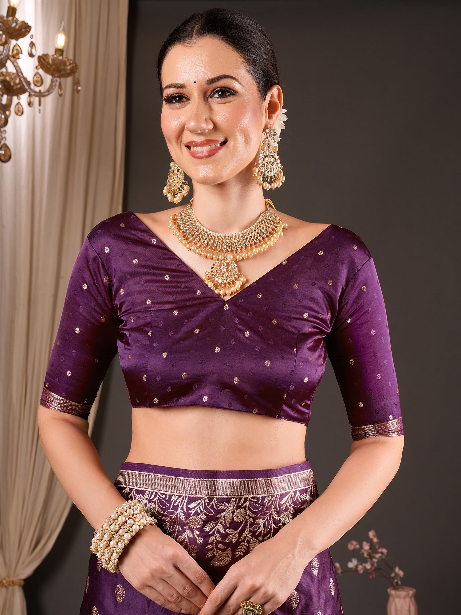 Unstitched purple silk blend blouse piece with zari butta design