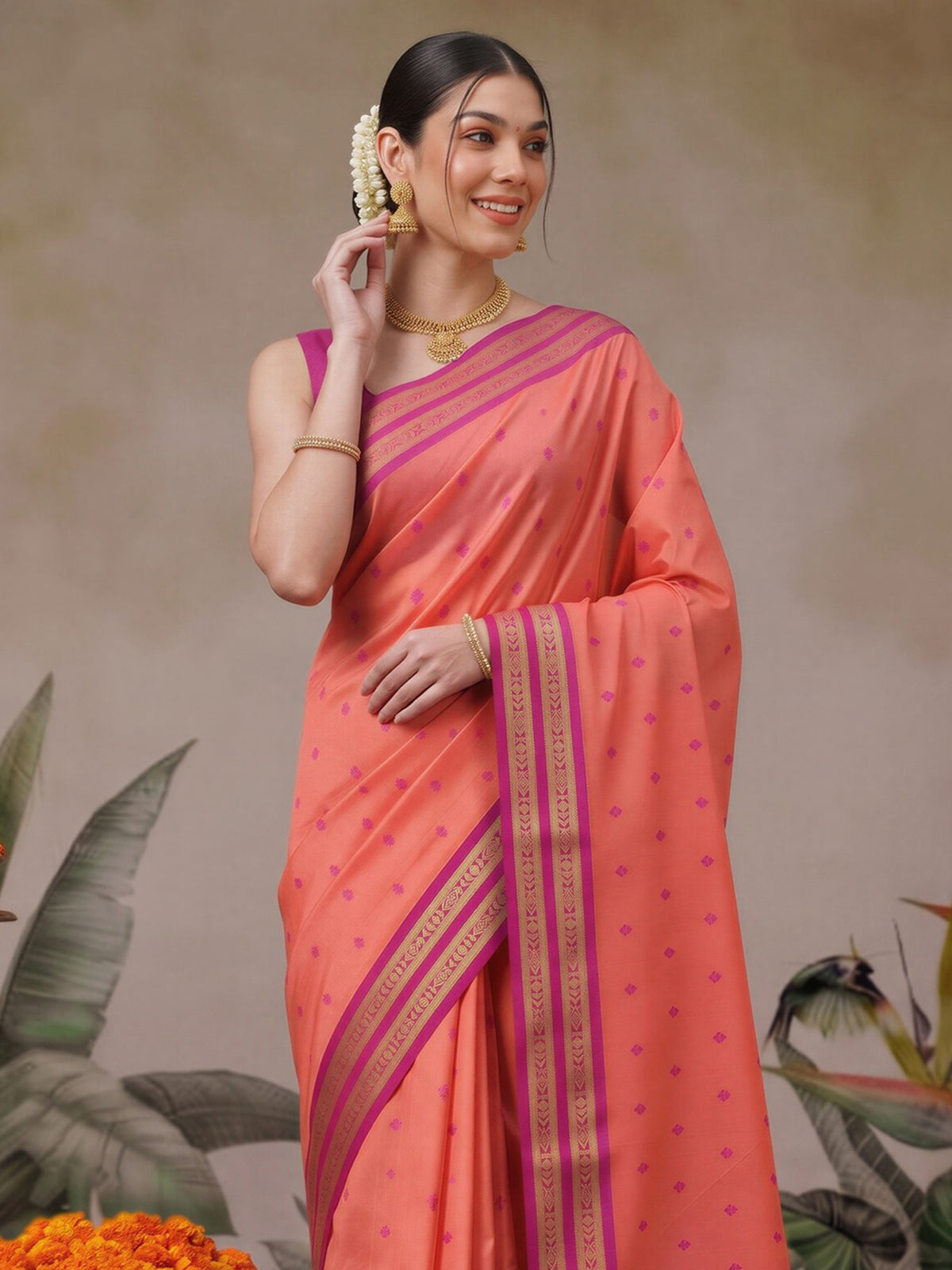 Peach cotton blend saree view 4