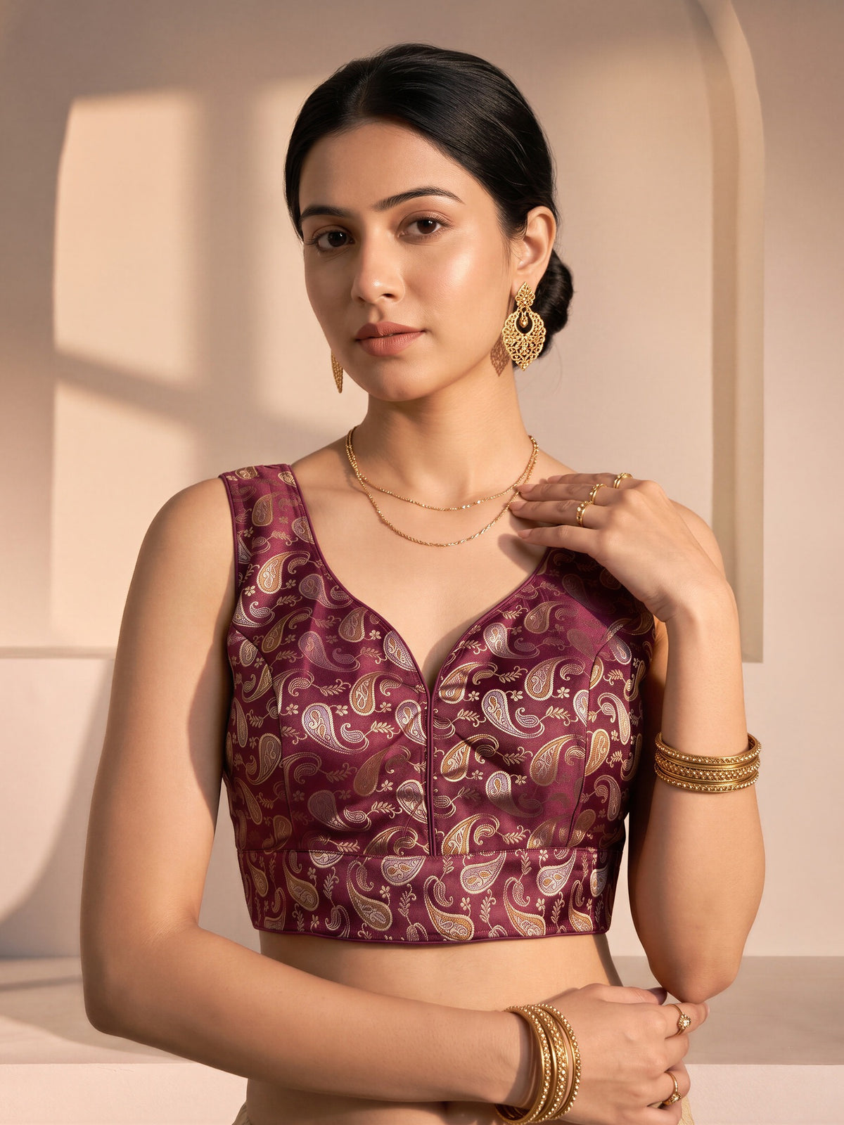 Coffee Brown woven brocade silk blend sleeveless readymade saree blouse with v neck