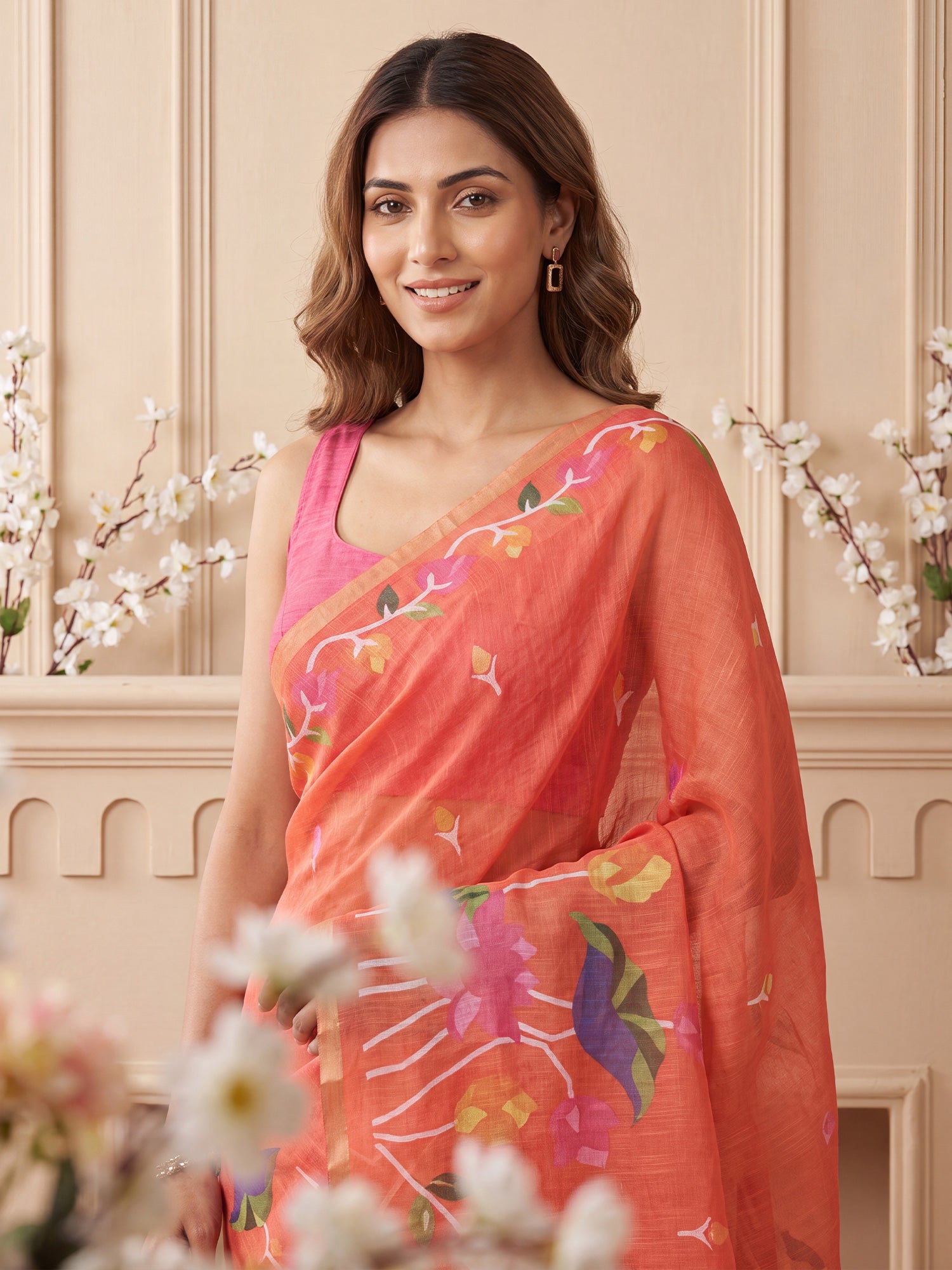 Rust Cotton Linen saree – detail view 4