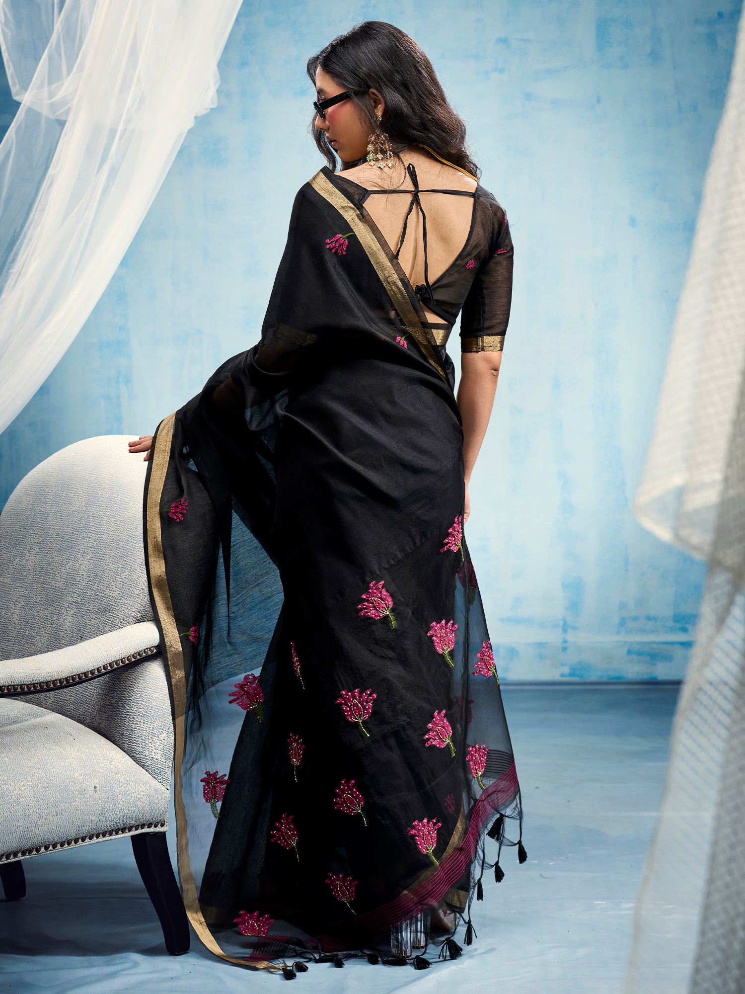 Black Muga Cotton saree – detail view 1