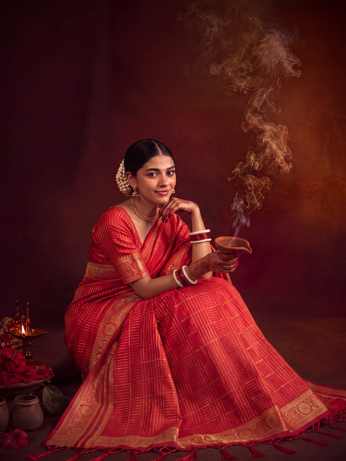 Red Viscose saree – detail view 2
