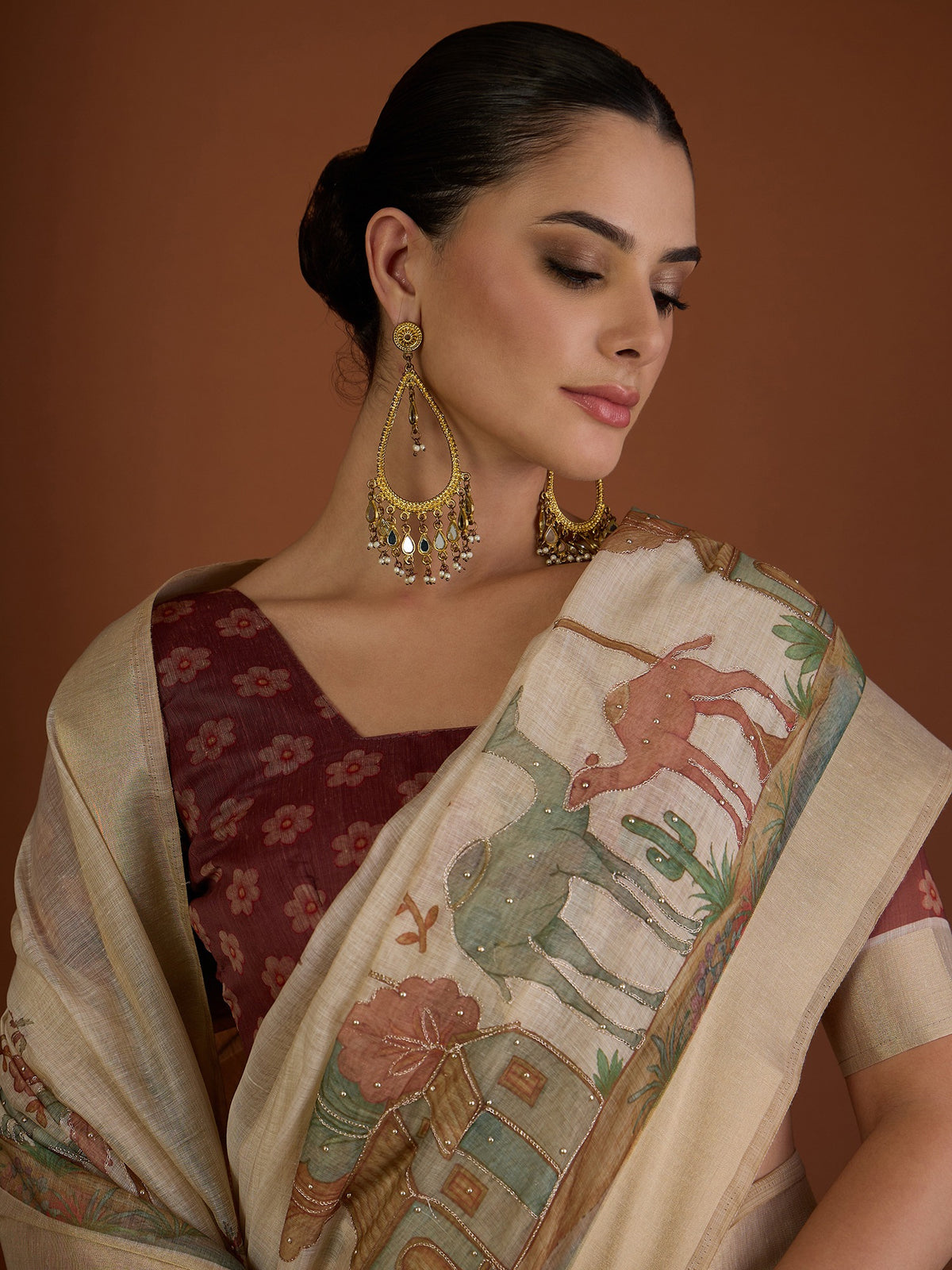 Beige linen blend saree view 6