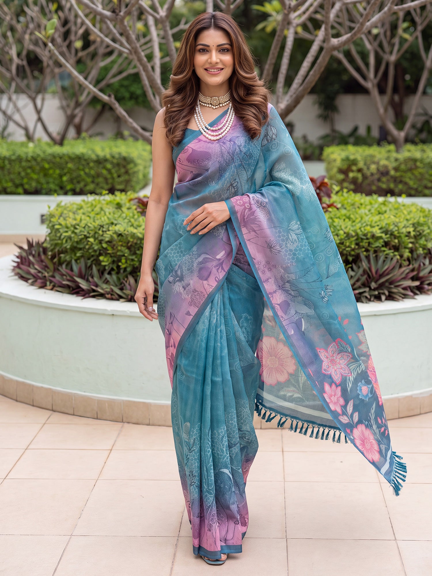 Teal Blue Cotton Silk saree – detail view 3