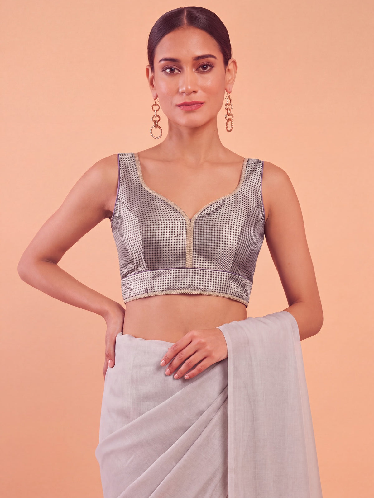 Lavender woven metallic jacquard sleeveless readymade saree blouse with sweetheart neck view 4