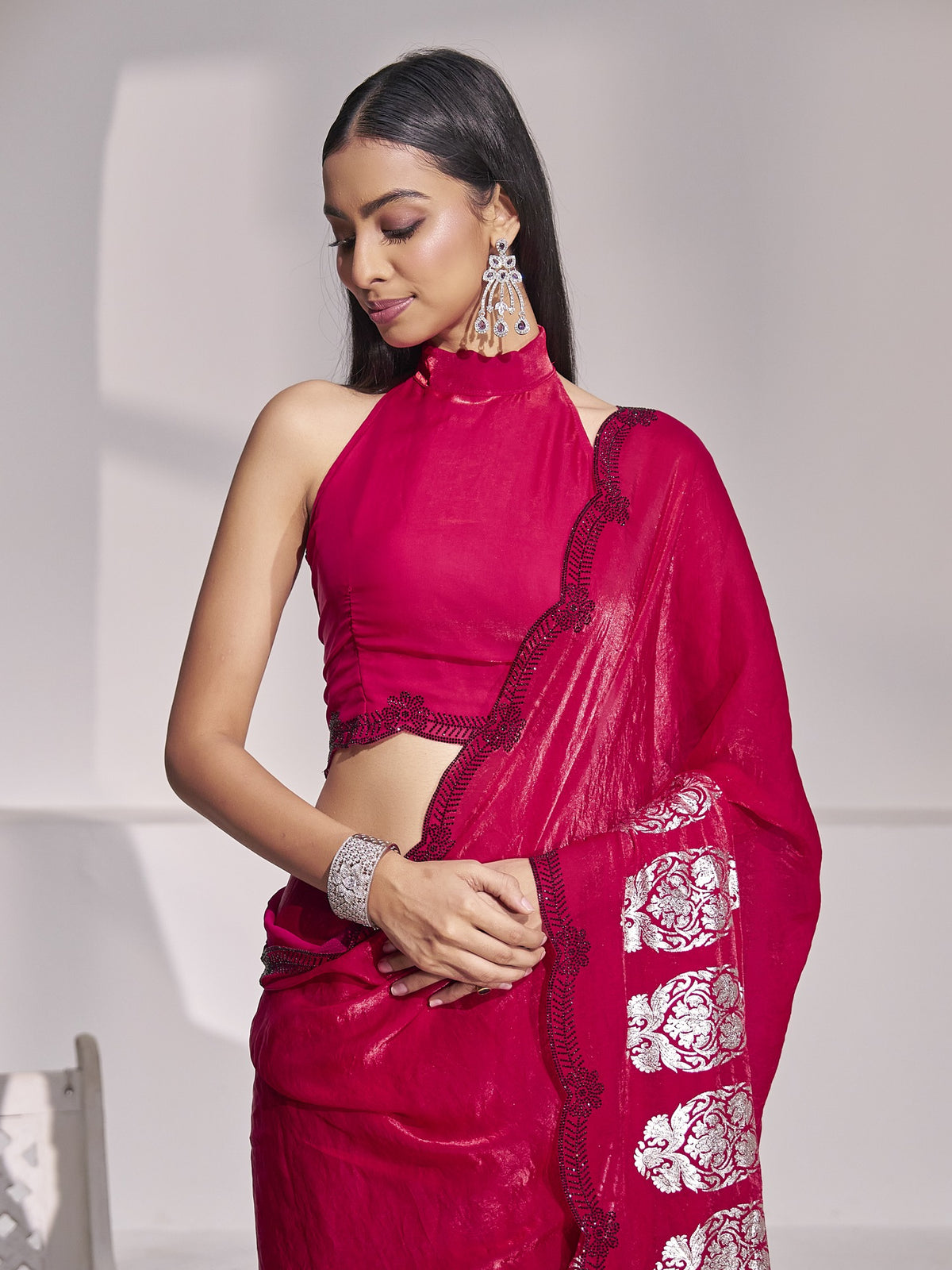 Pink satin silk saree view 3