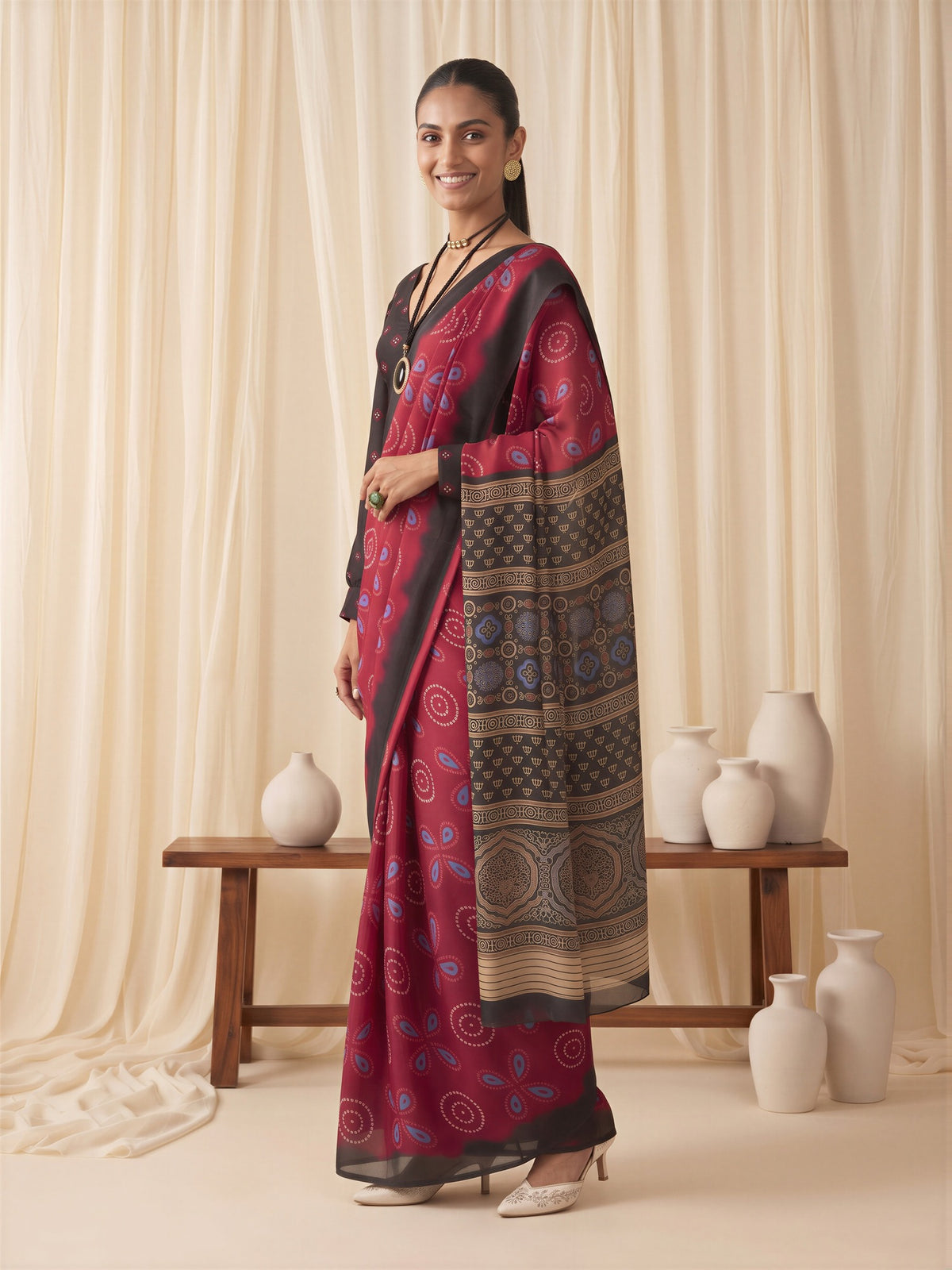 Maroon Satin saree – detail view 2