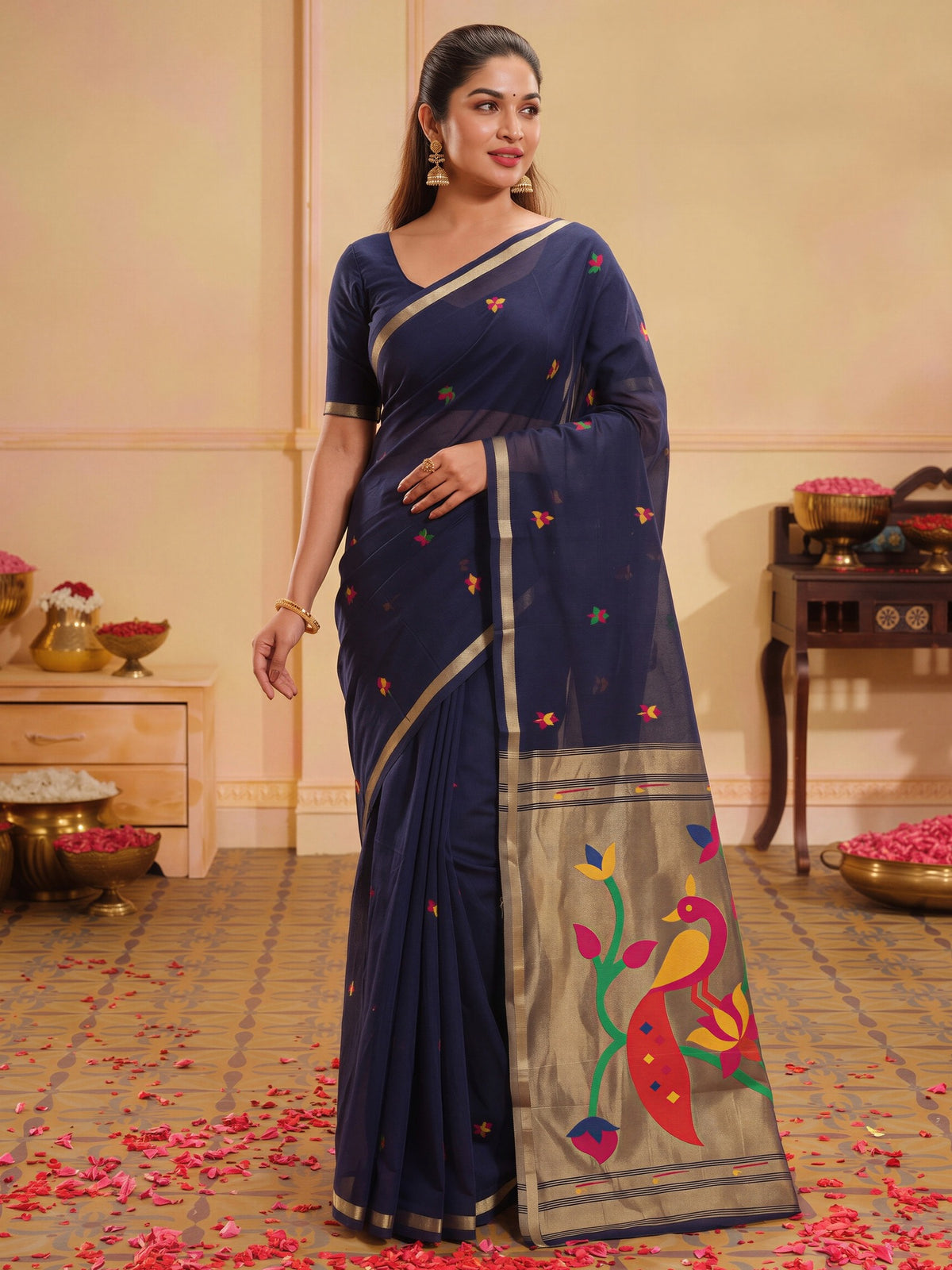 Navy Blue ethnic motif silk blend saree with navy blue blouse piece