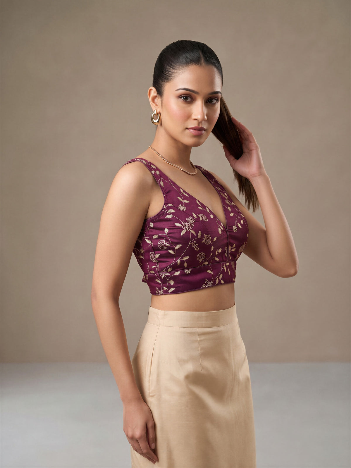 Wine sequin embellished silk blend sleeveless readymade saree blouse with v neck view 3