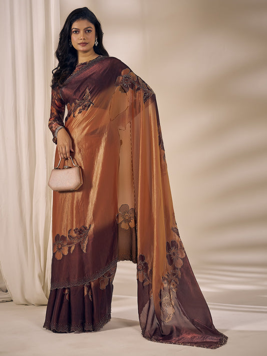 Bronze embellished satin silk saree with brown blouse piece