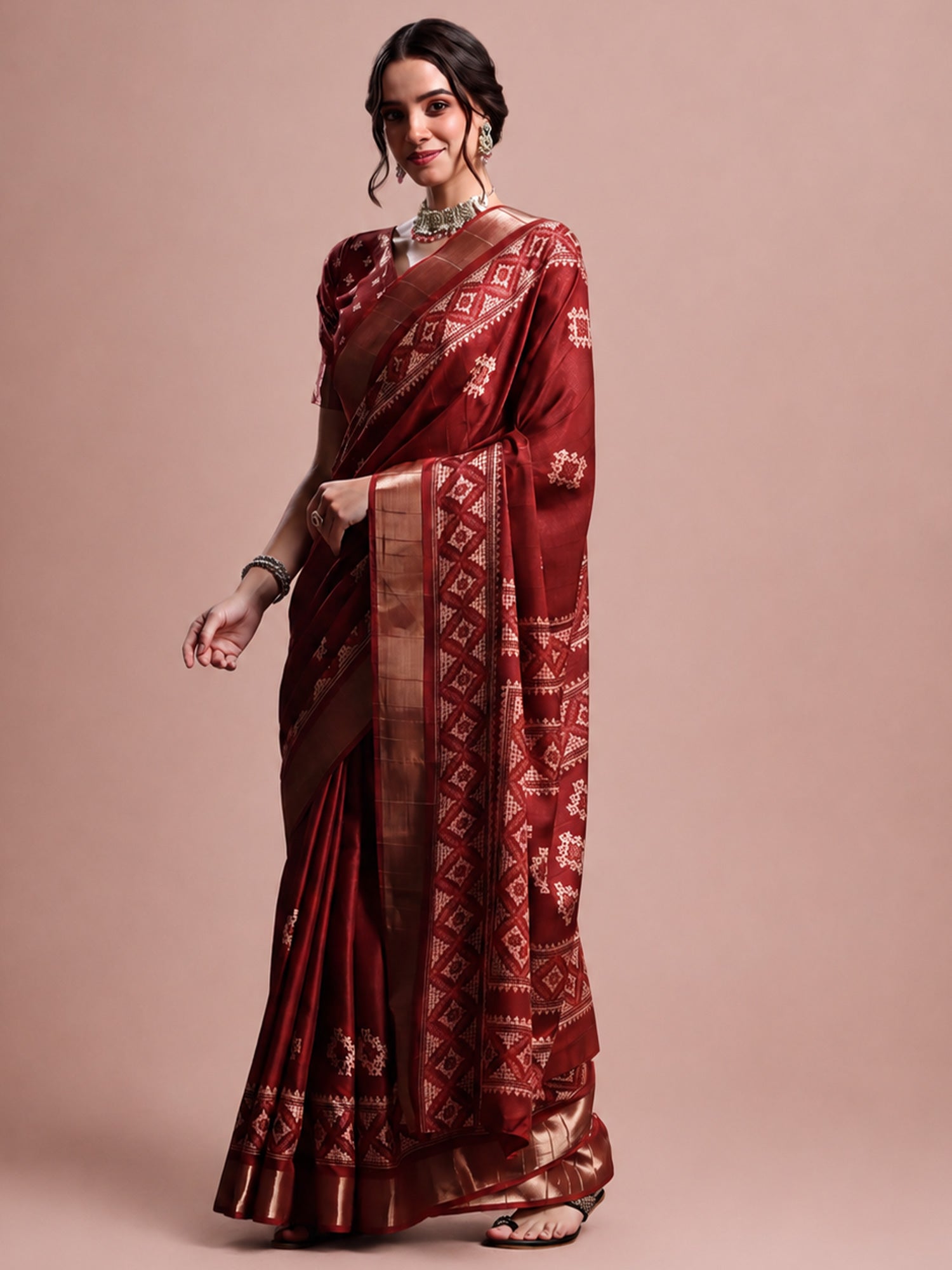 Woman wearing maroon silk blend saree with geometric pattern design and maroon blouse