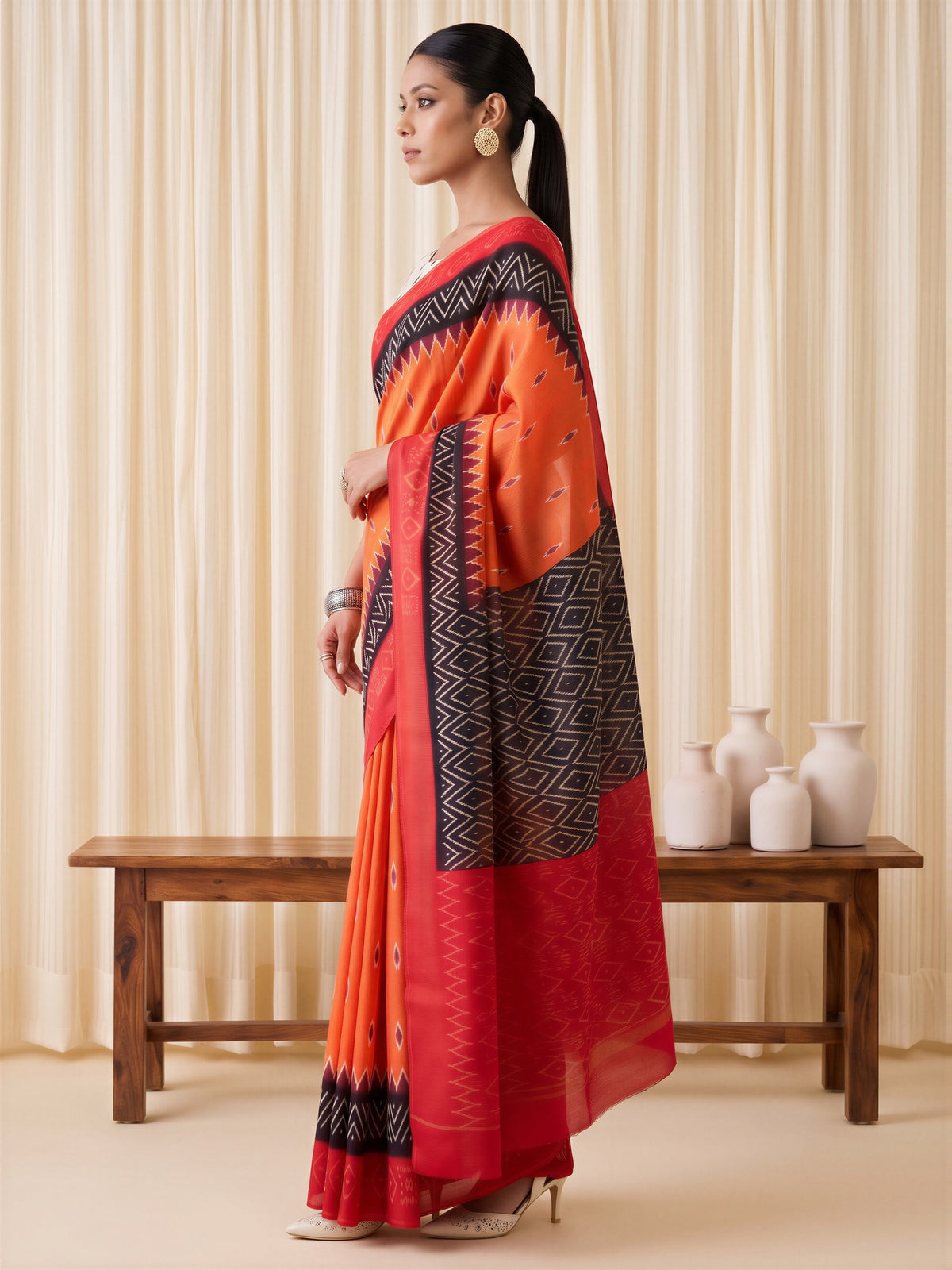 Orange Cotton Blend saree – detail view 2