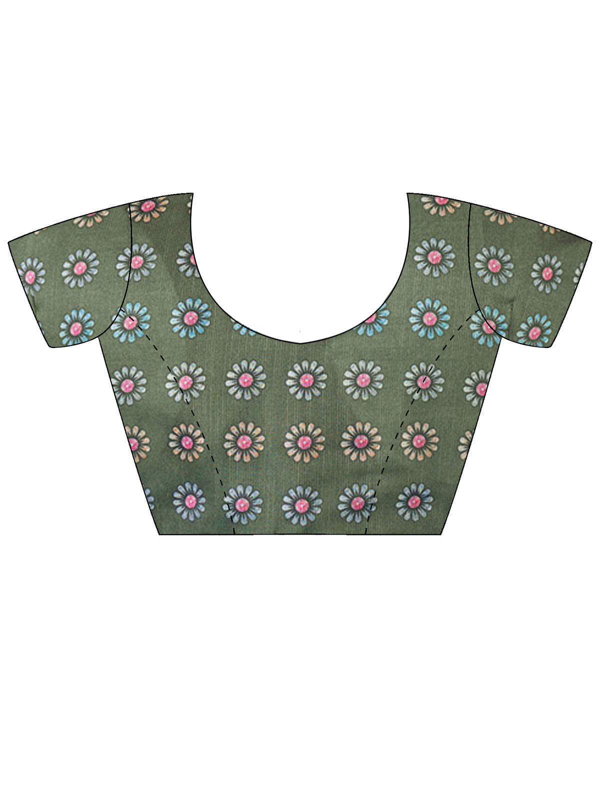 Unstitched olive linen blend blouse piece with floral design