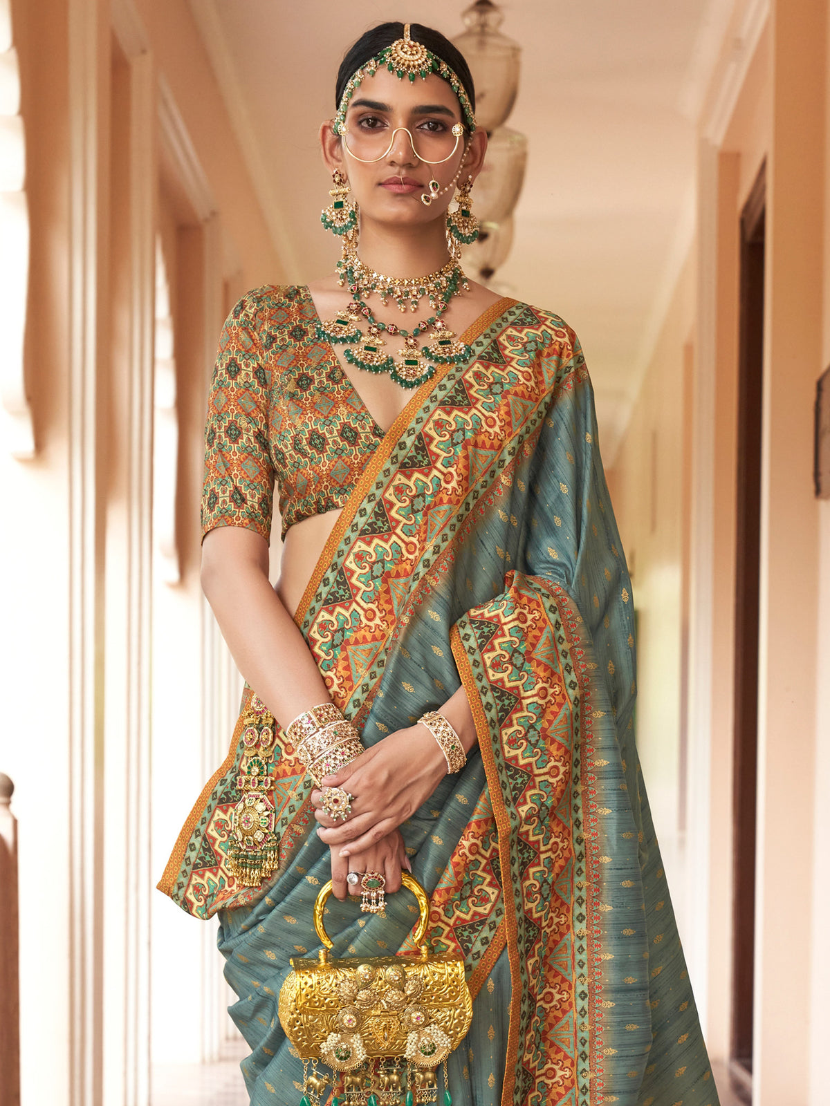 Sea Green silk blend saree view 2