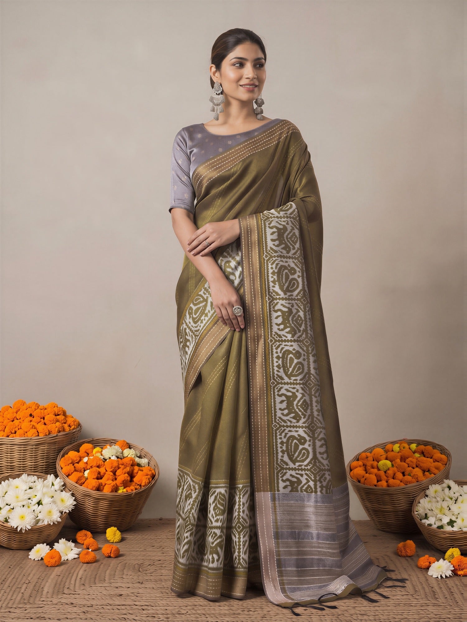 Olive Silk Cotton saree – detail view 3