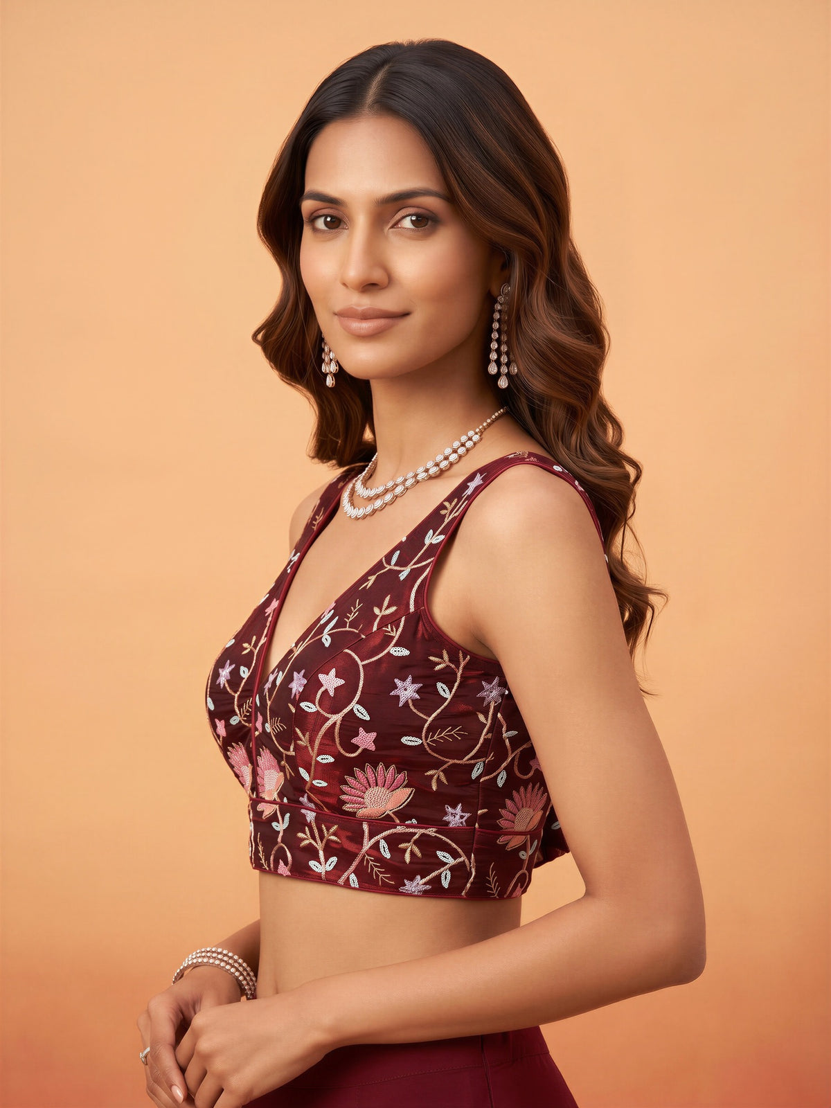 Maroon sequin embellished satin sleeveless readymade saree blouse with deep v neck view 2