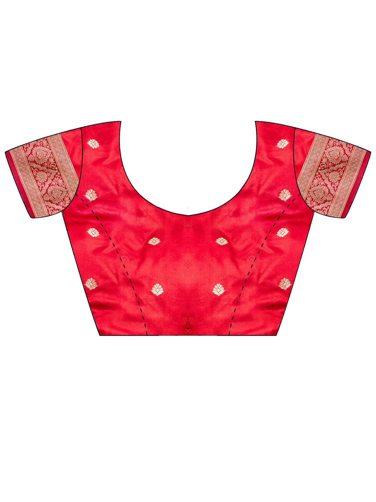 Unstitched red satin silk blouse piece with ethnic motif design