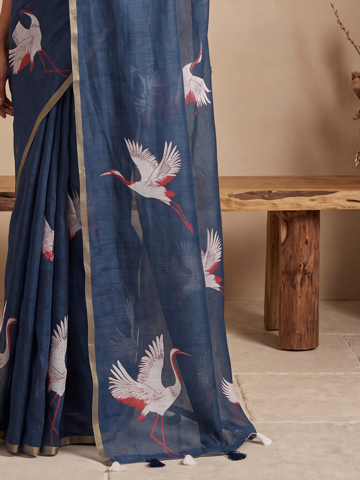 Navy Blue Cotton Linen saree – detail view 5