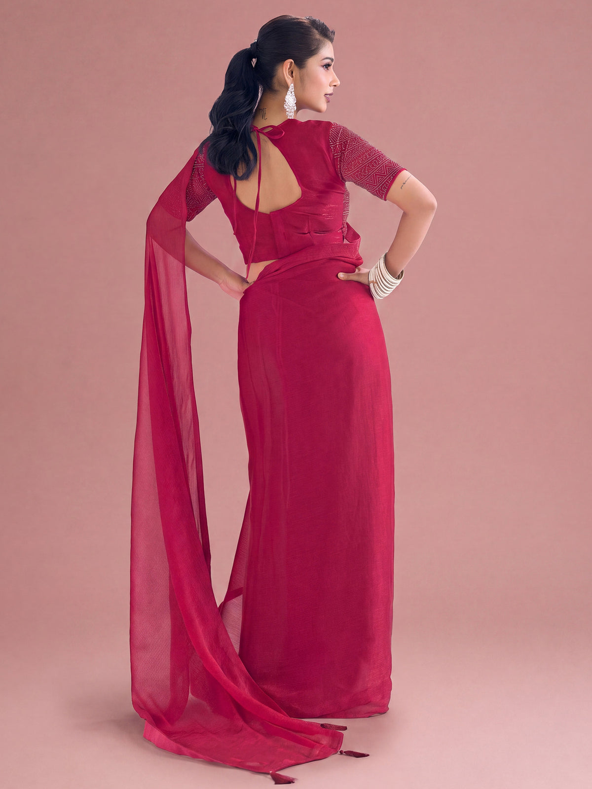 Pink Satin Silk saree – detail view 1