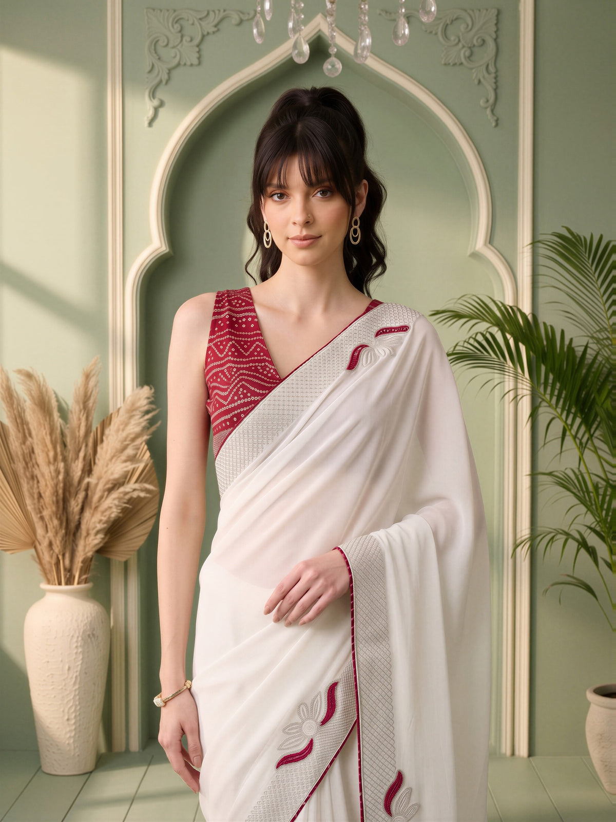 White Vichitra Silk saree – detail view 4