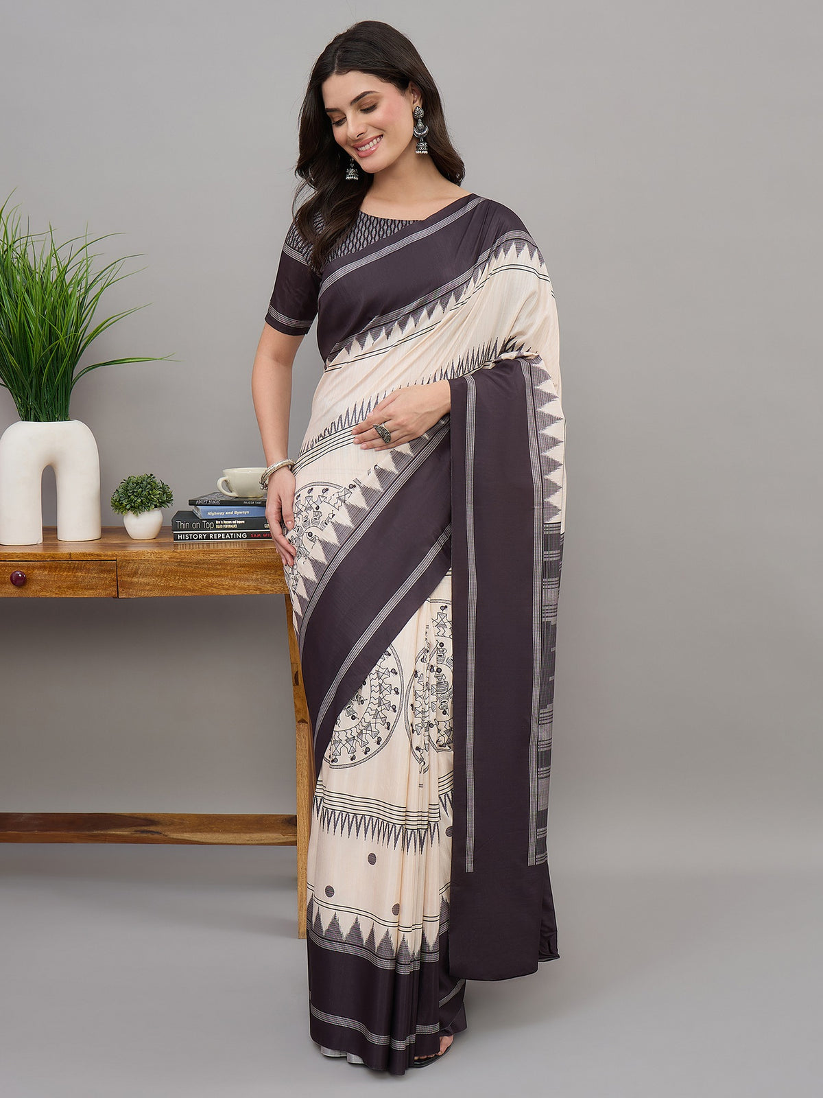 Off White tribal soft silk saree with black blouse piece