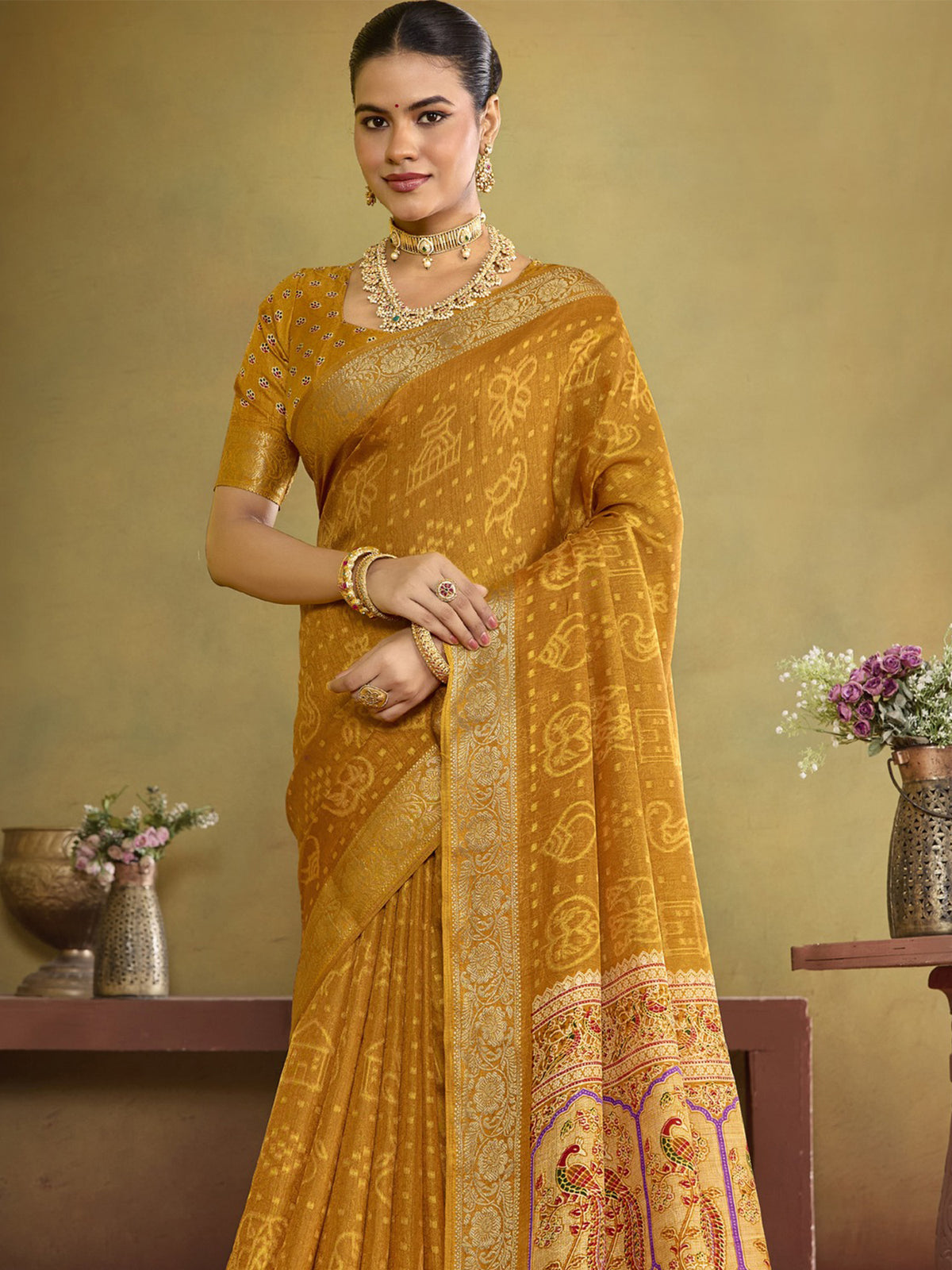 Mustard tussar silk saree view 5