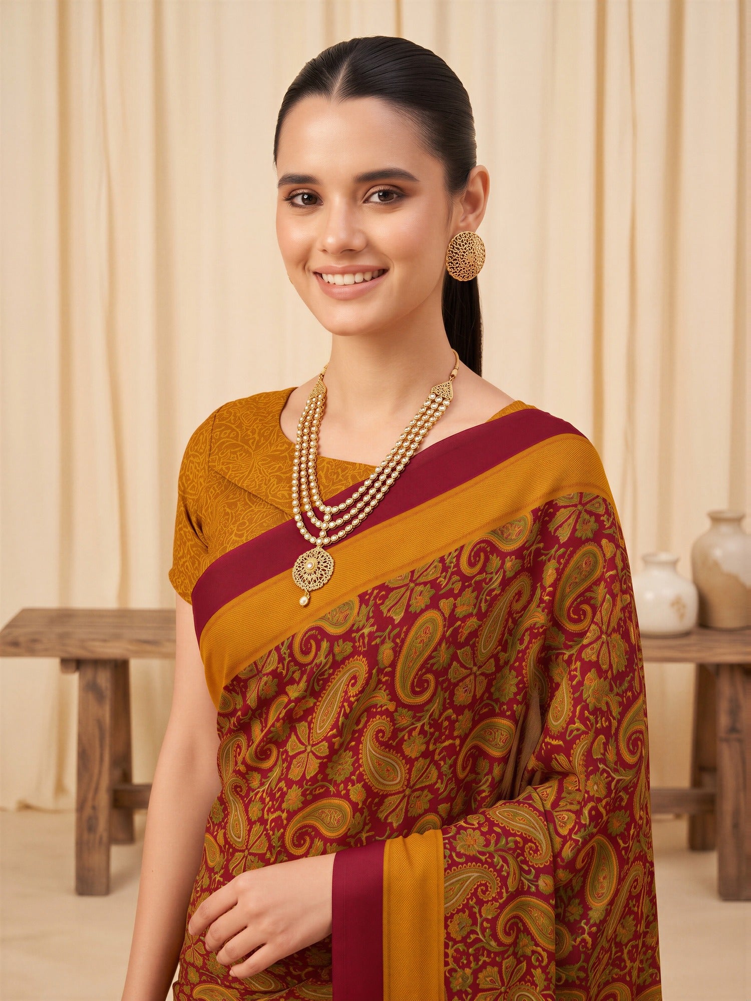 Maroon Crepe saree – detail view 3