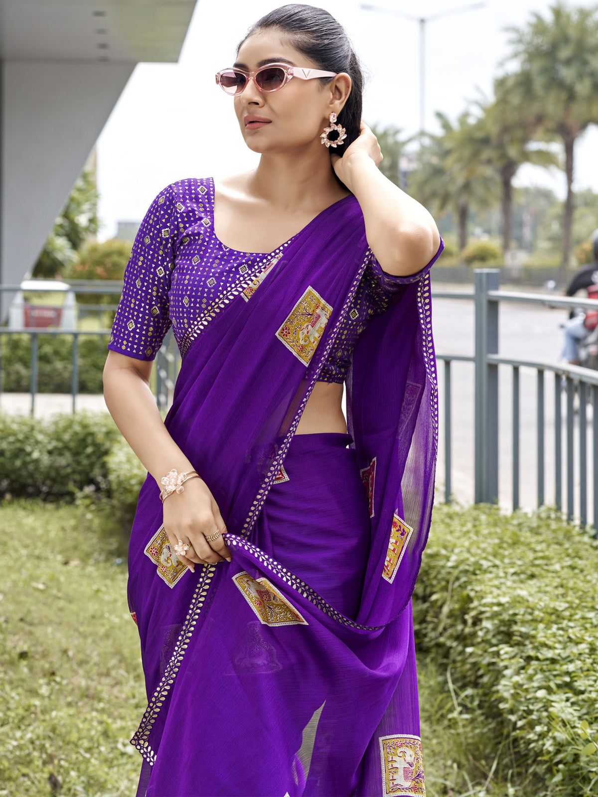 Violet chiffon saree view 1