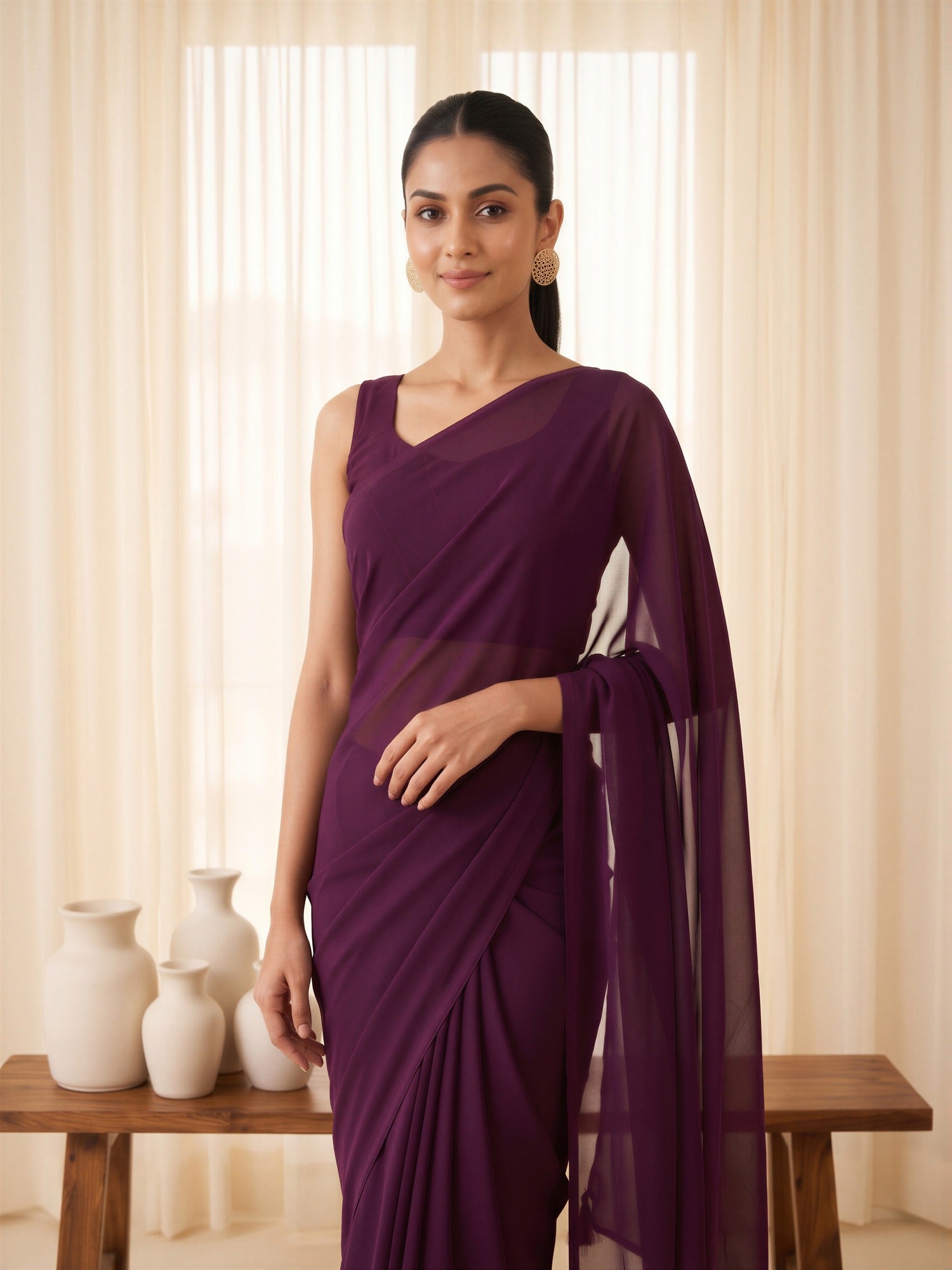 Wine Georgette saree – detail view 4