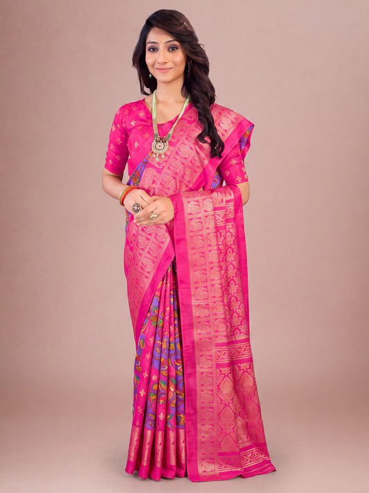 Woman wearing pink cotton blend saree with traditional indian motif work and pink blouse
