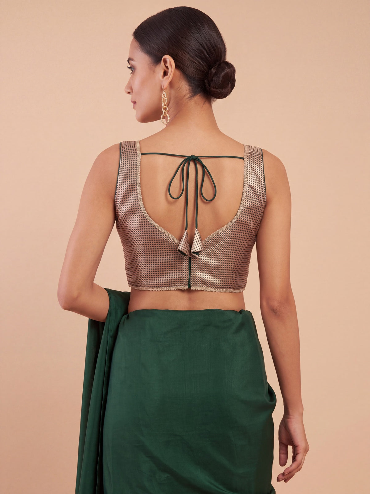 Dark Green woven metallic jacquard sleeveless readymade saree blouse with sweetheart neck view 1