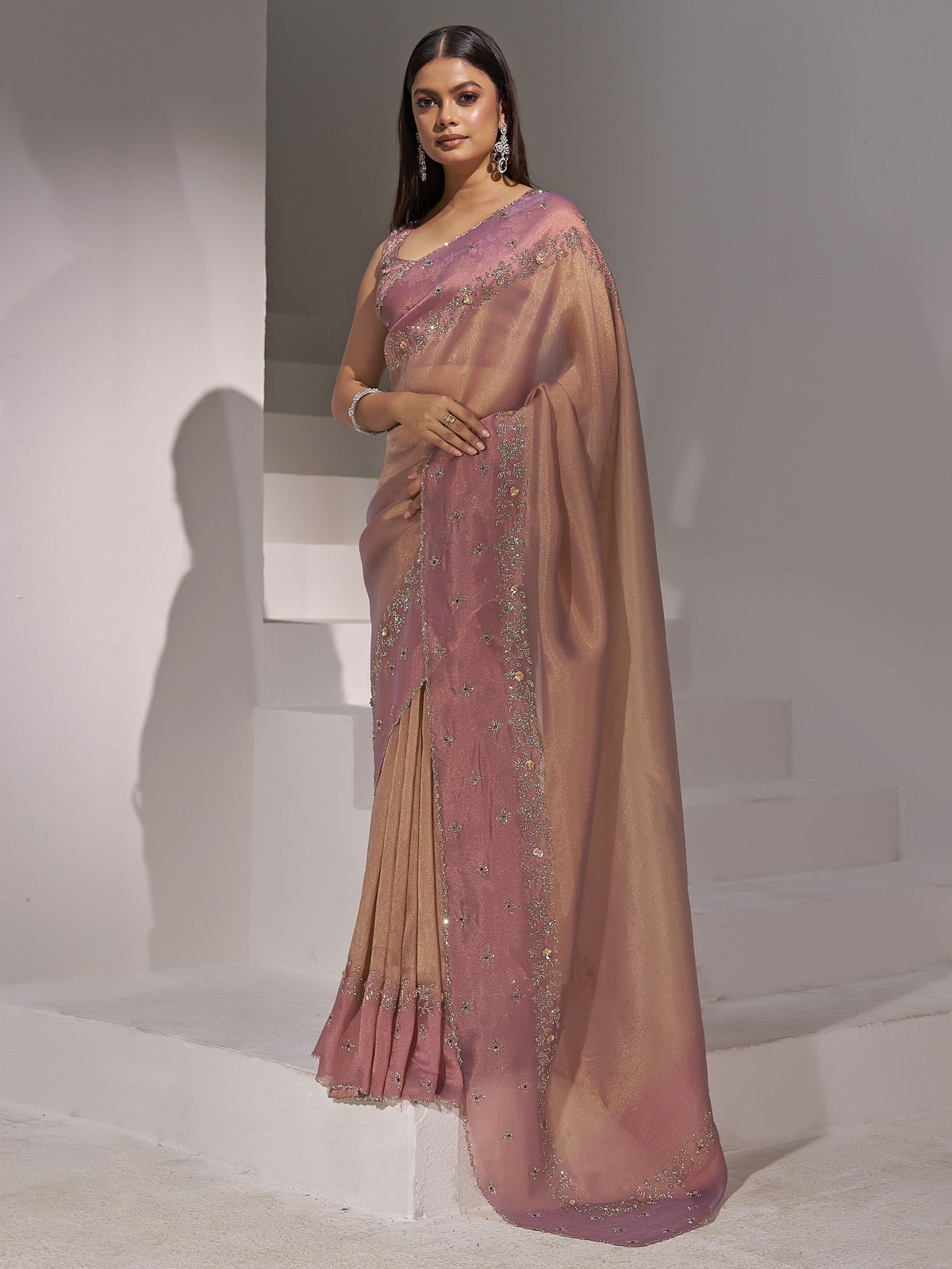 Peach organza saree view 1